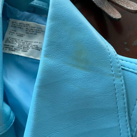 Vintage 60s 70s Faux Leather Trench Coat Belted Light Blue Overcoat - Picture 12 of 16